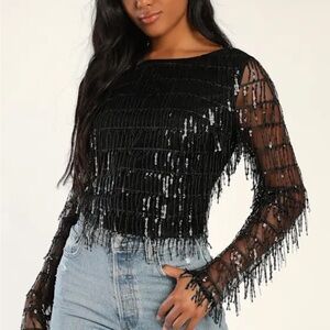 Lulu's Black Sequin Fringe Blouse